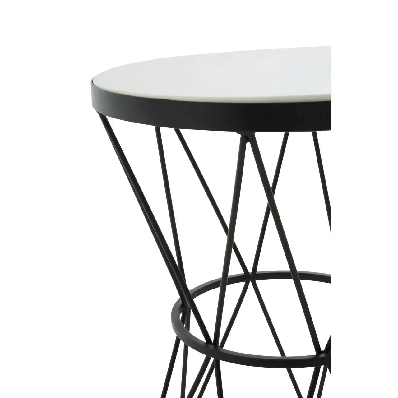Round side table with white top and black wire metal frame, close-up angled view