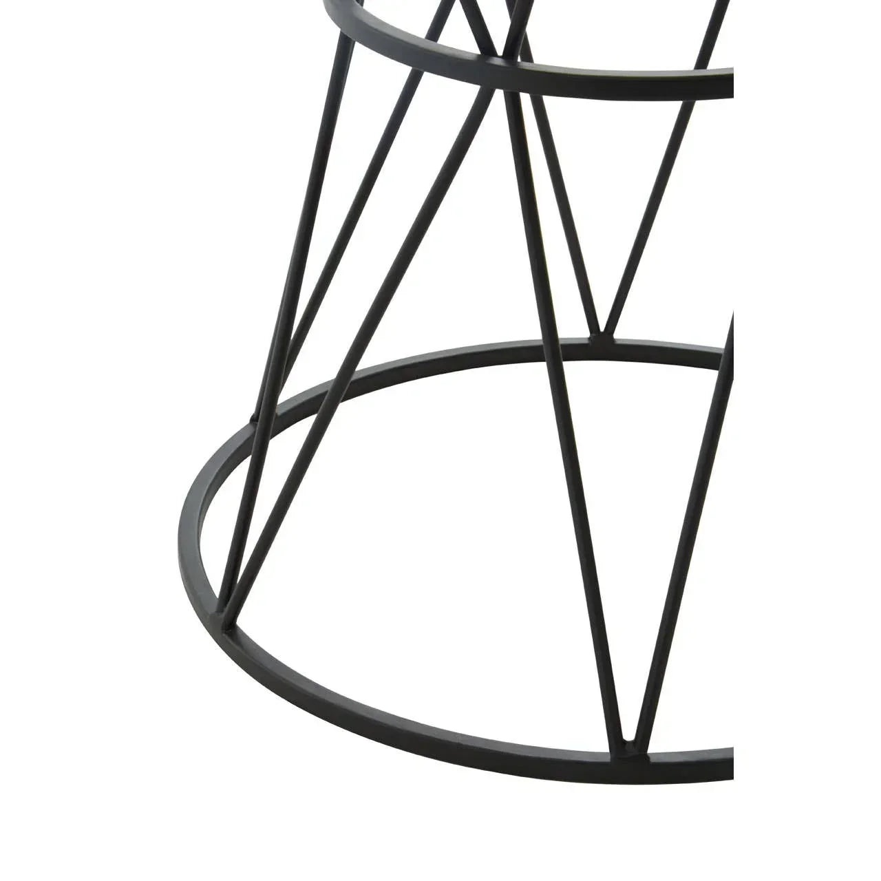 Black metal table base with geometric wireframe design and circular support ring