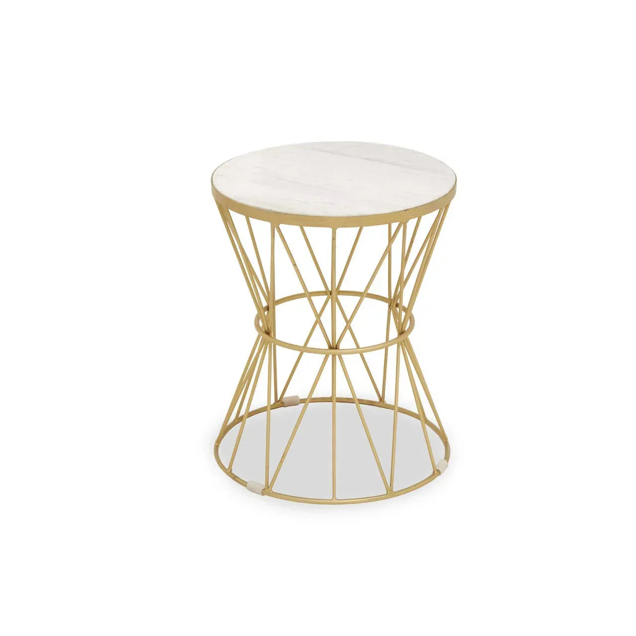 Round side table with gold metal frame and white marble top on white background