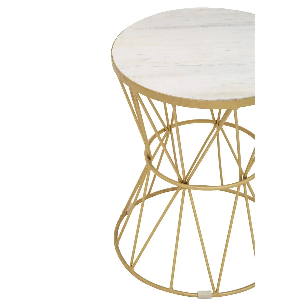 Round side table with marble top and gold metal geometric base, close-up view