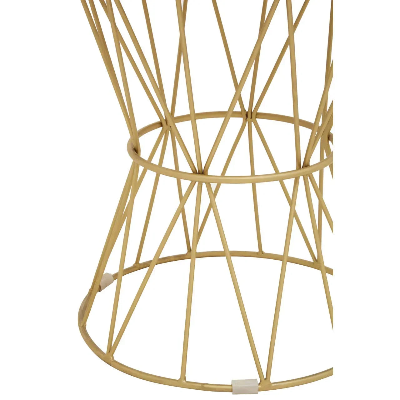 Gold metal wire side table base with geometric pattern, close-up view