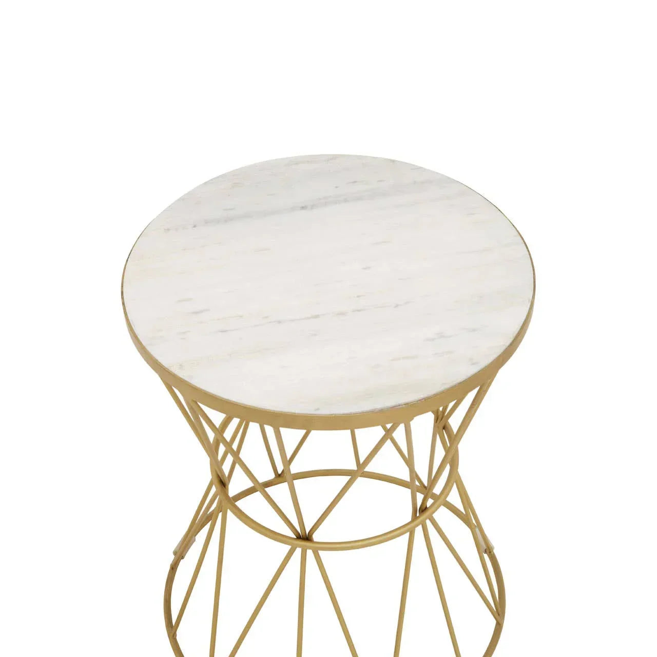 Round side table with white marble top and gold metal geometric base