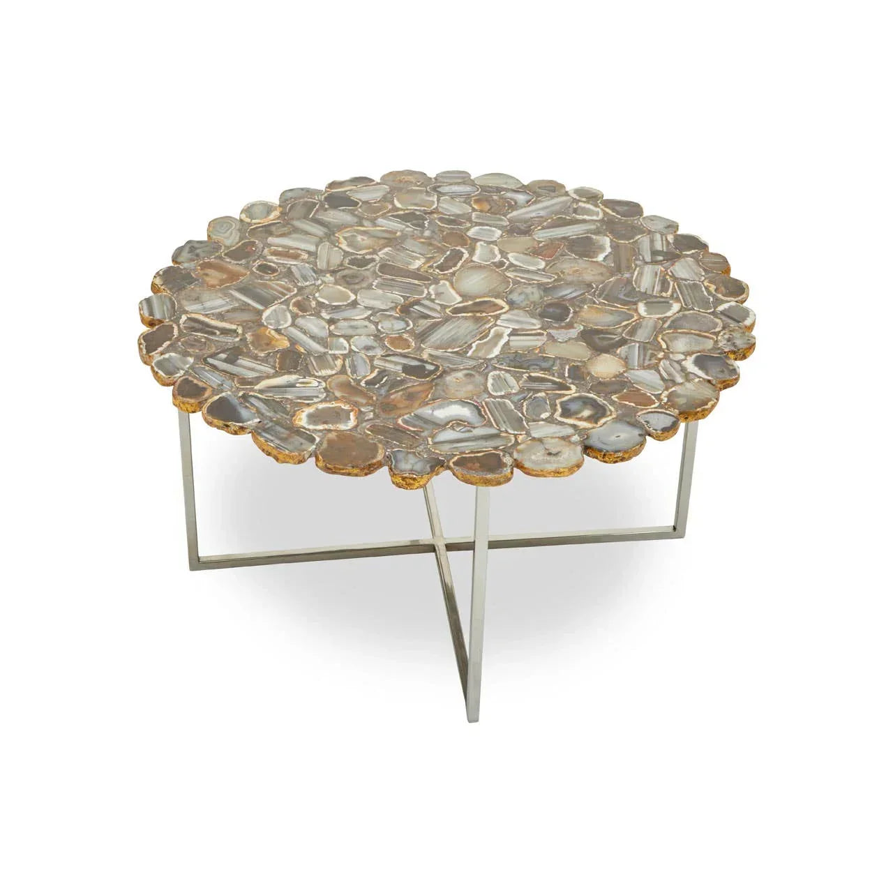 Round agate coffee table with polished stone top and metal base