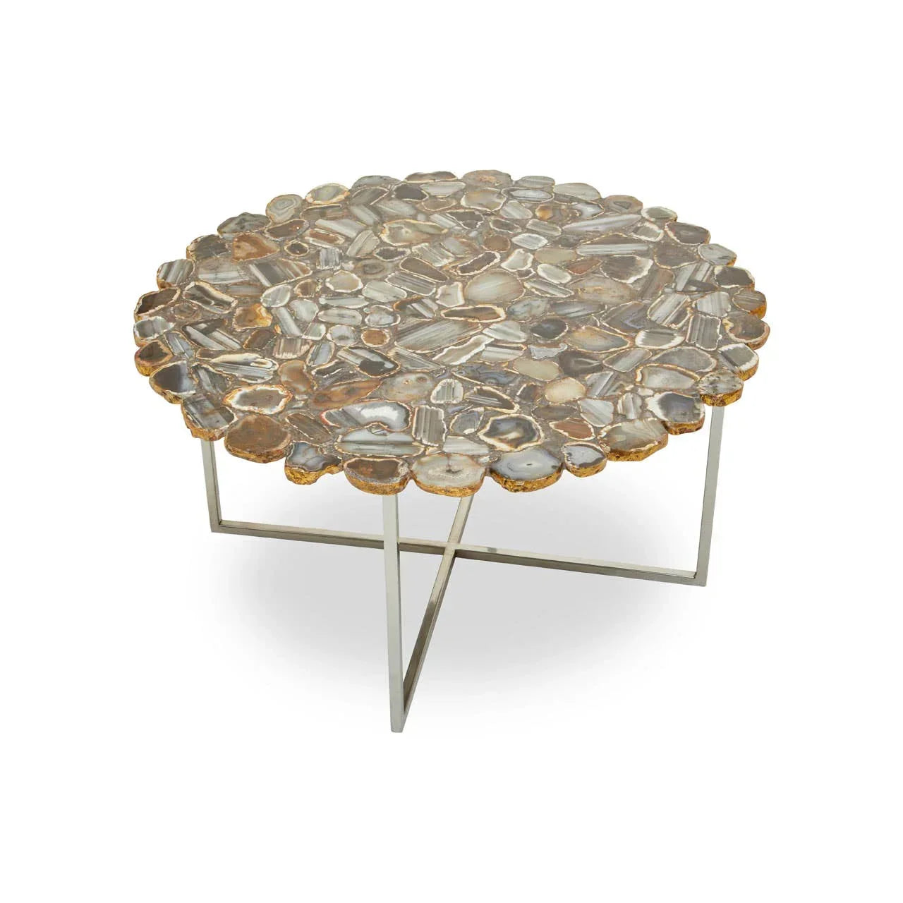 Round agate coffee table with silver metal legs and polished stone top