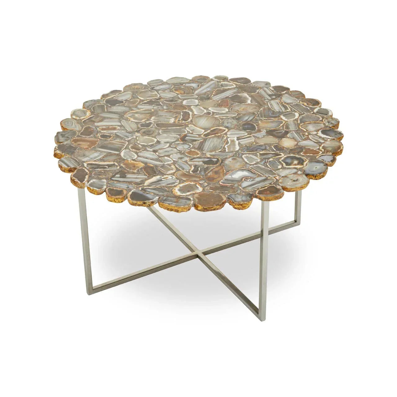 Round agate coffee table with metal legs and polished stone top
