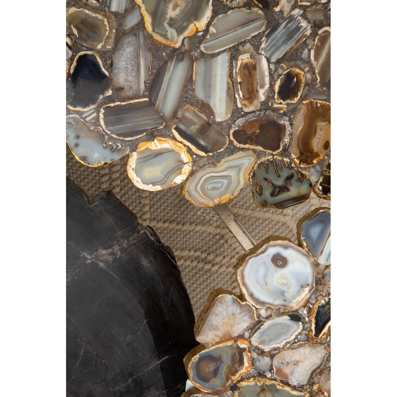 Agate stone coffee table top with polished natural stone pattern and glass surface
