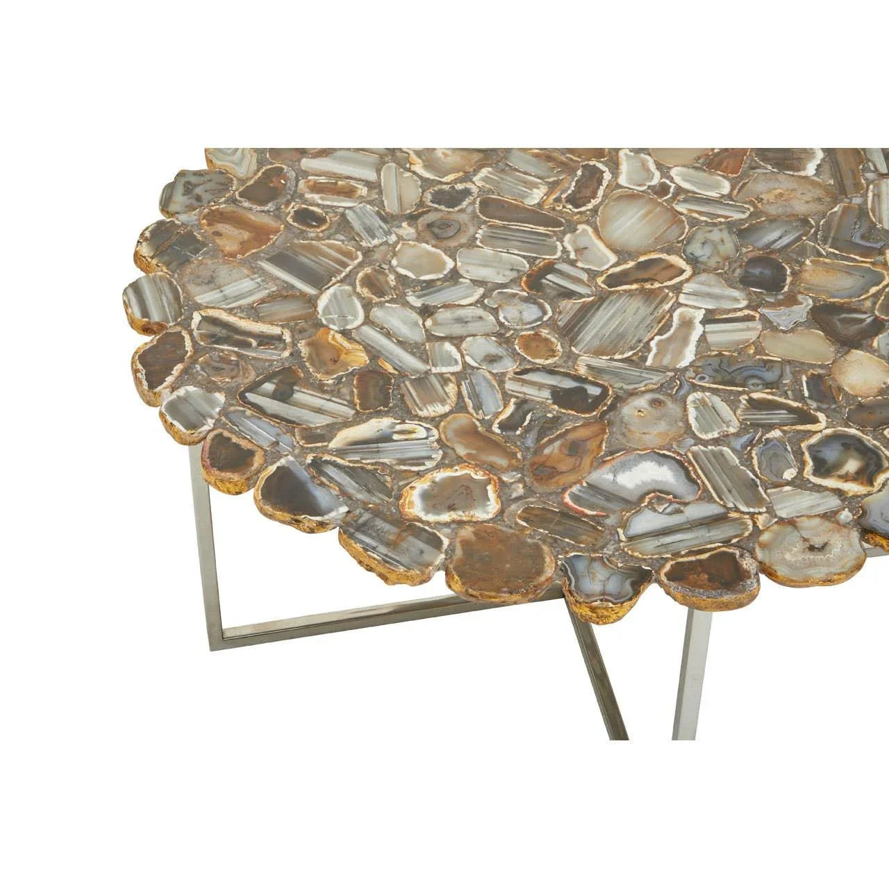 Agate top coffee table with natural stone pattern and metal legs, close-up view