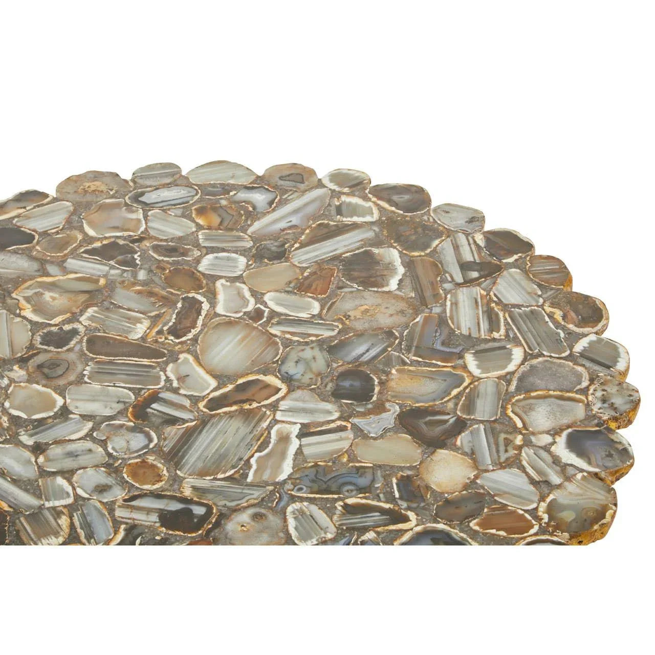 Round agate coffee table top with polished natural stone pattern, close-up view