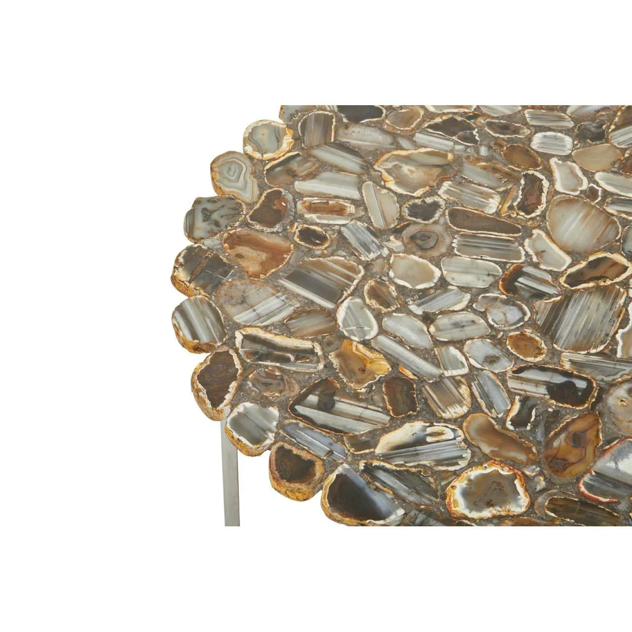 Agate stone side table with polished surface and metal legs, close-up corner view