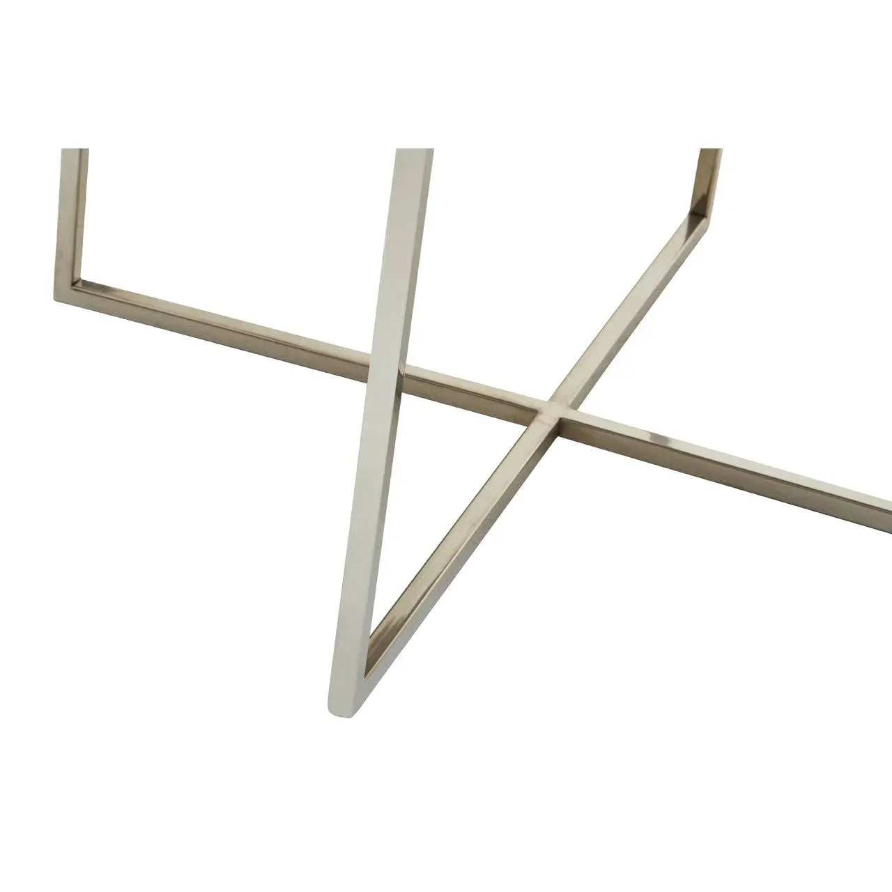 Brushed metal table base with intersecting legs and modern geometric design