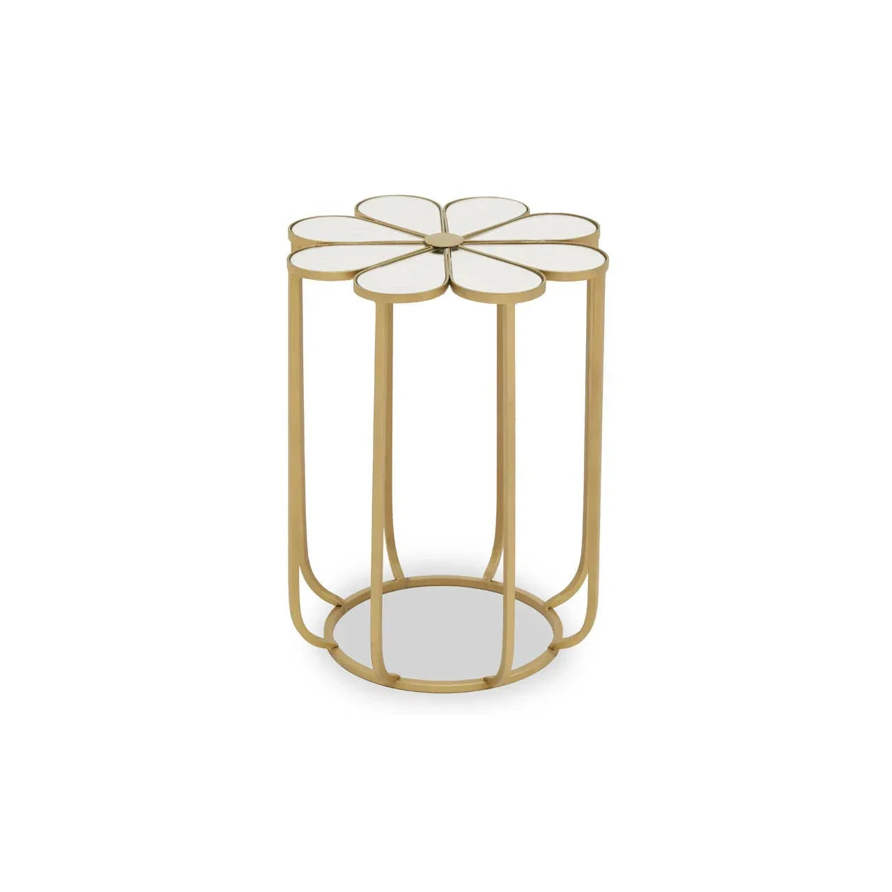 Gold metal side table with mirrored flower-shaped top and circular mirrored base