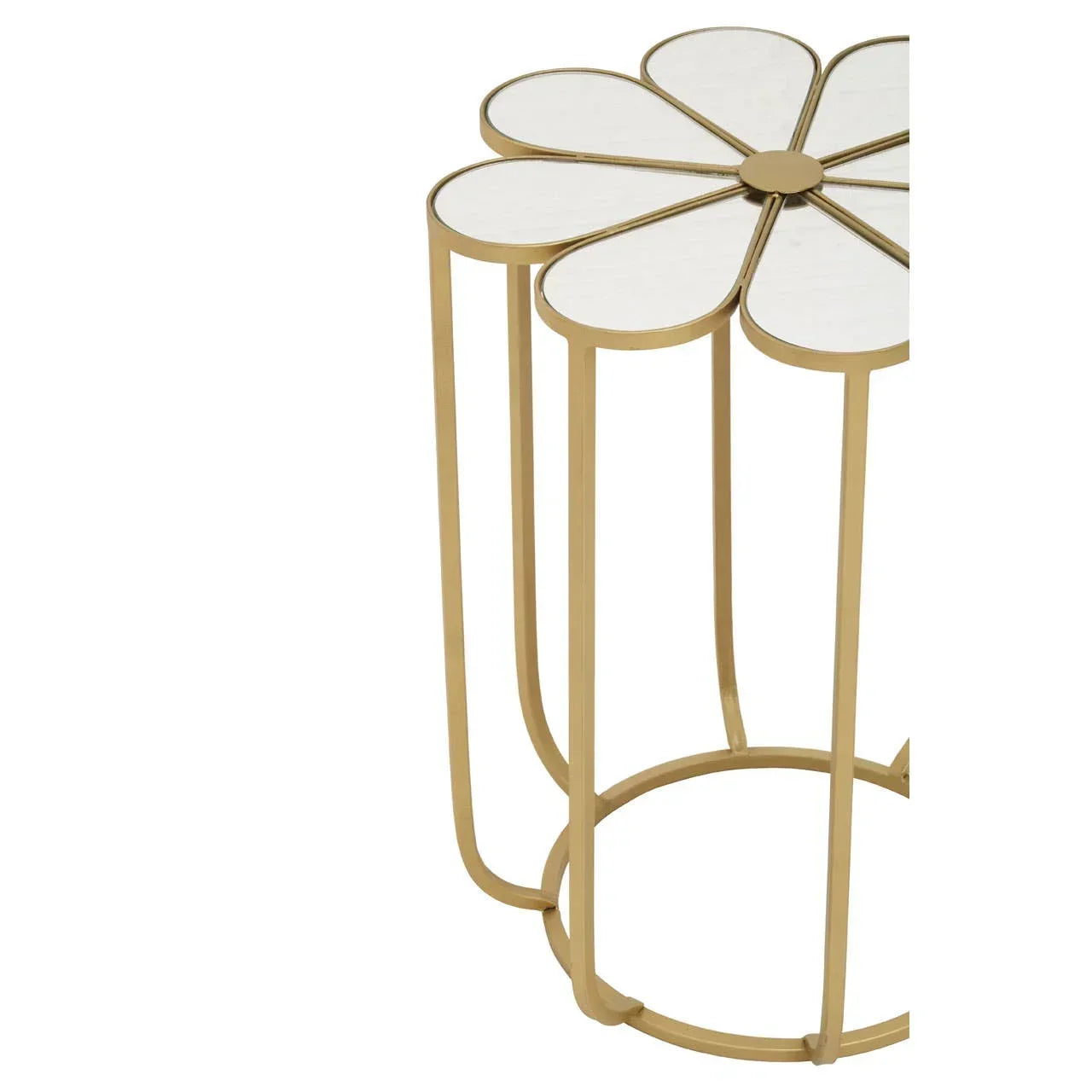Gold metal side table with daisy flower shaped white top, modern accent furniture