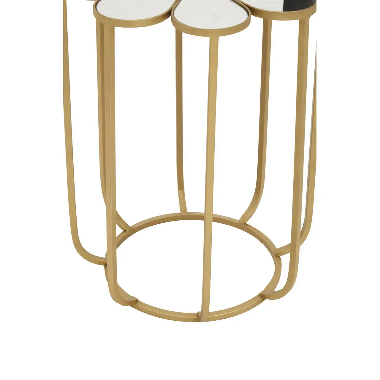 gold metal side table with white marble top and round open frame base