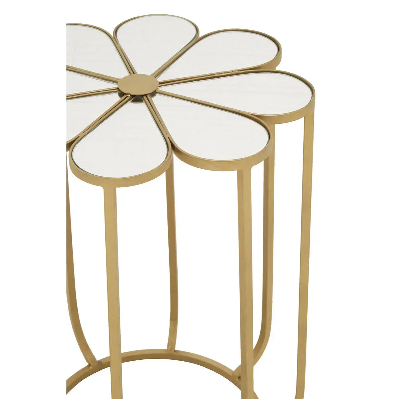 Gold metal side table with flower-shaped mirrored top and petal design legs