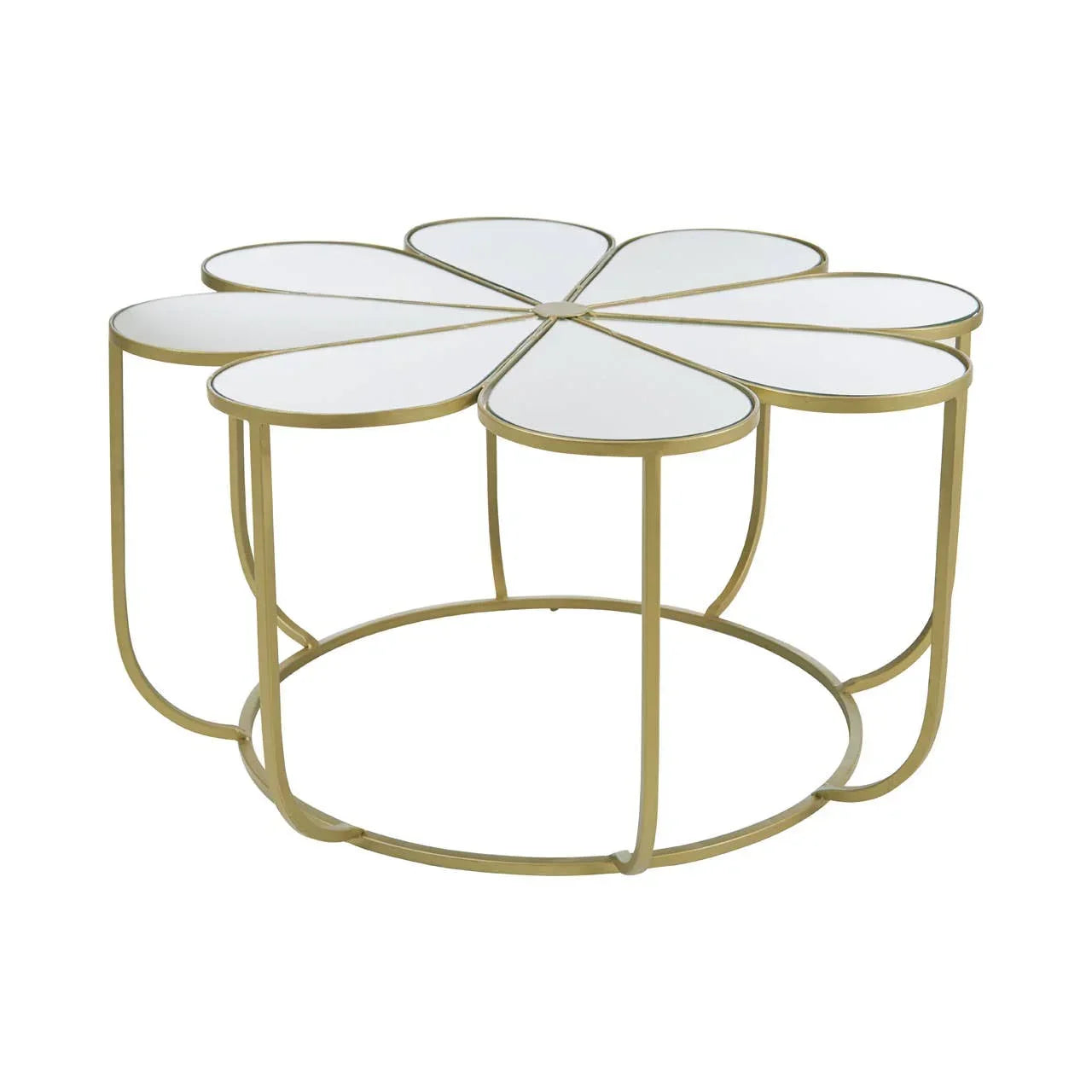 Gold metal coffee table with white glass flower-shaped top