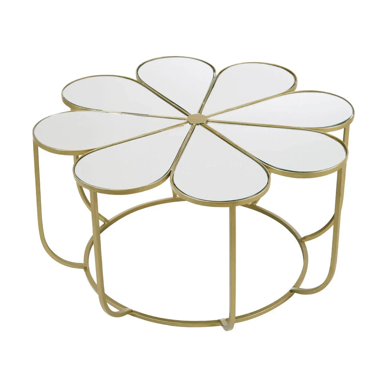 Gold metal coffee table with mirrored flower shape top and petal sections