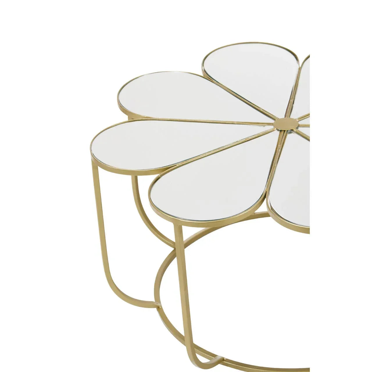 Gold metal and glass coffee table with petal-shaped mirrored top sections