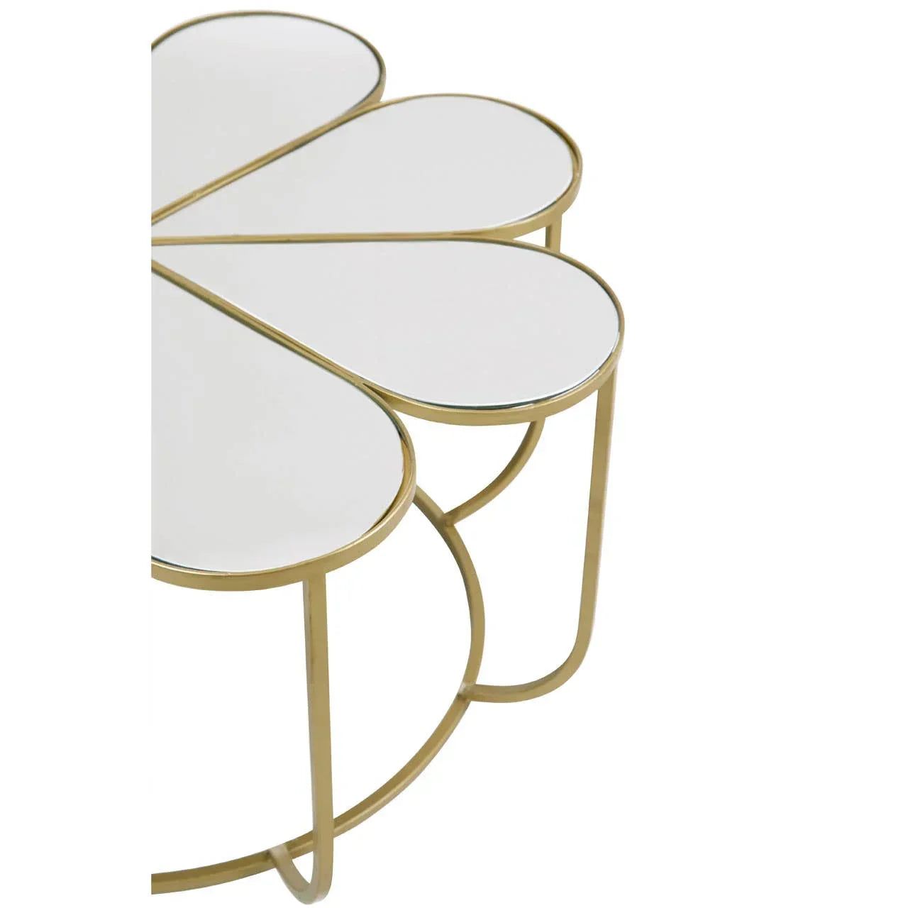 White and gold flower-shaped coffee table with metal frame, close-up of tabletop design