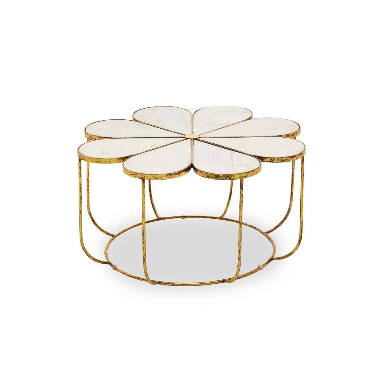 Gold metal and marble coffee table with petal shaped top and mirrored base