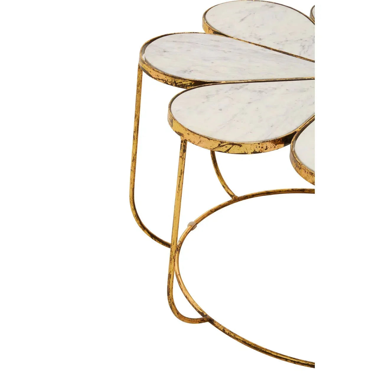 Gold metal and white marble petal coffee table base close-up view