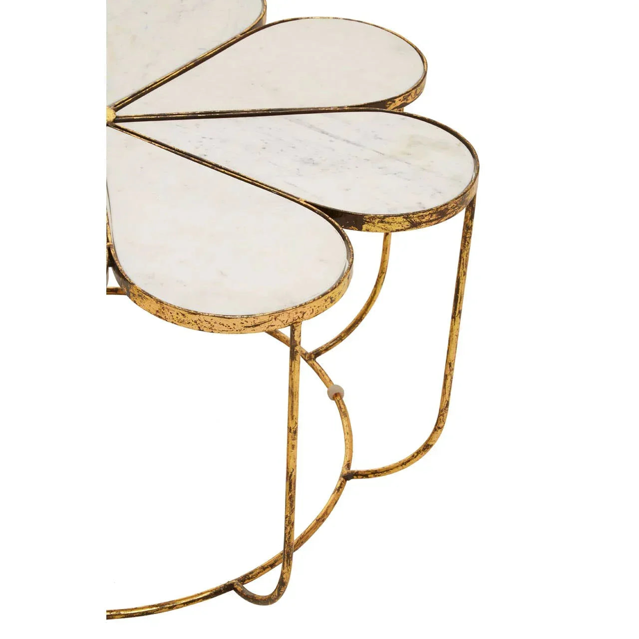 White marble top side table with gold metal frame and petal-shaped detailing