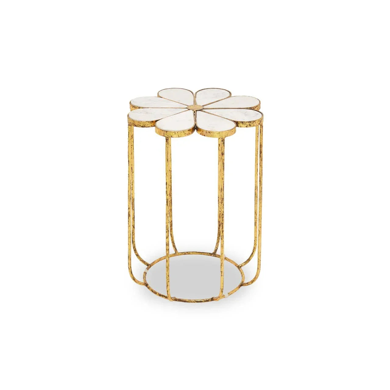 Gold metal side table with flower-shaped mirrored top and open frame design