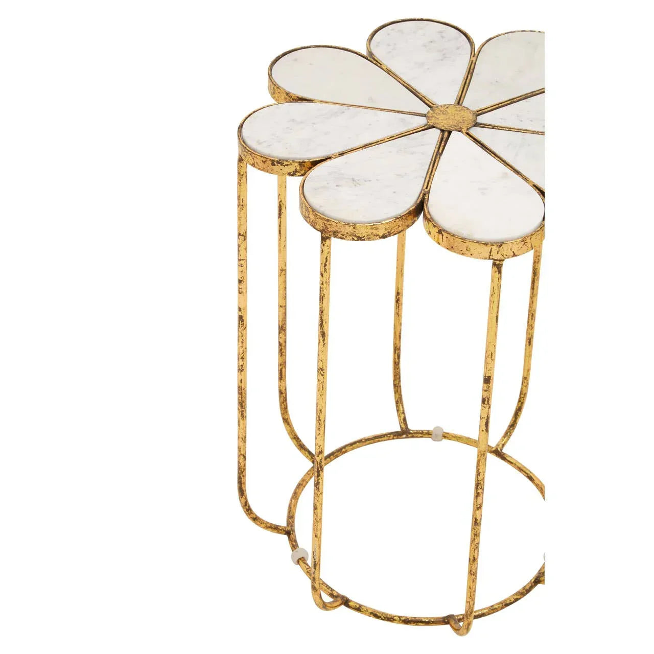 Gold metal side table with white marble petal top and open round base
