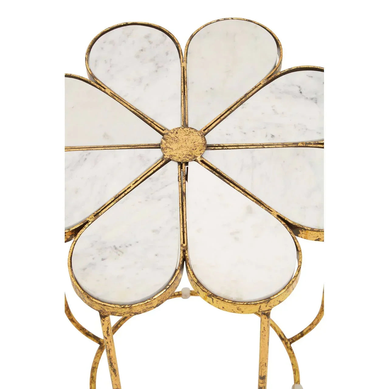 White marble top side table with gold metal floral design