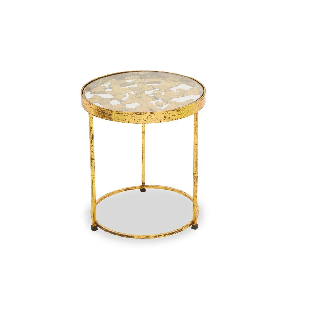 Gold metal side table with round glass top and lower mirrored shelf