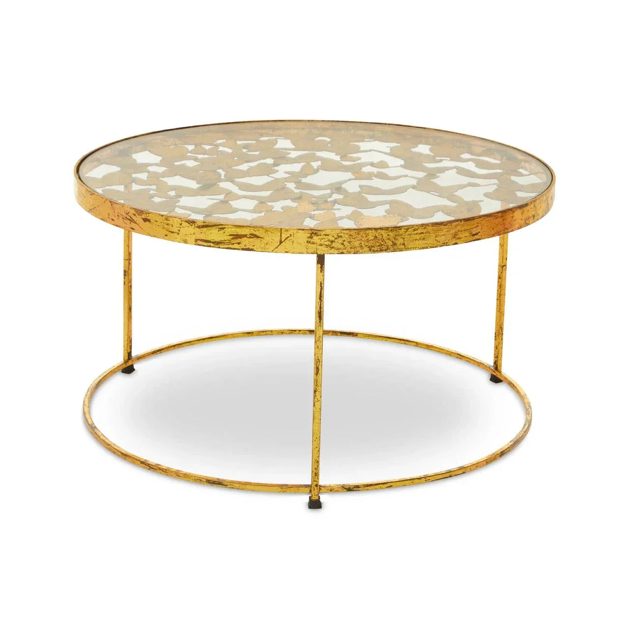 Round gold metal coffee table with glass and mosaic top on white background