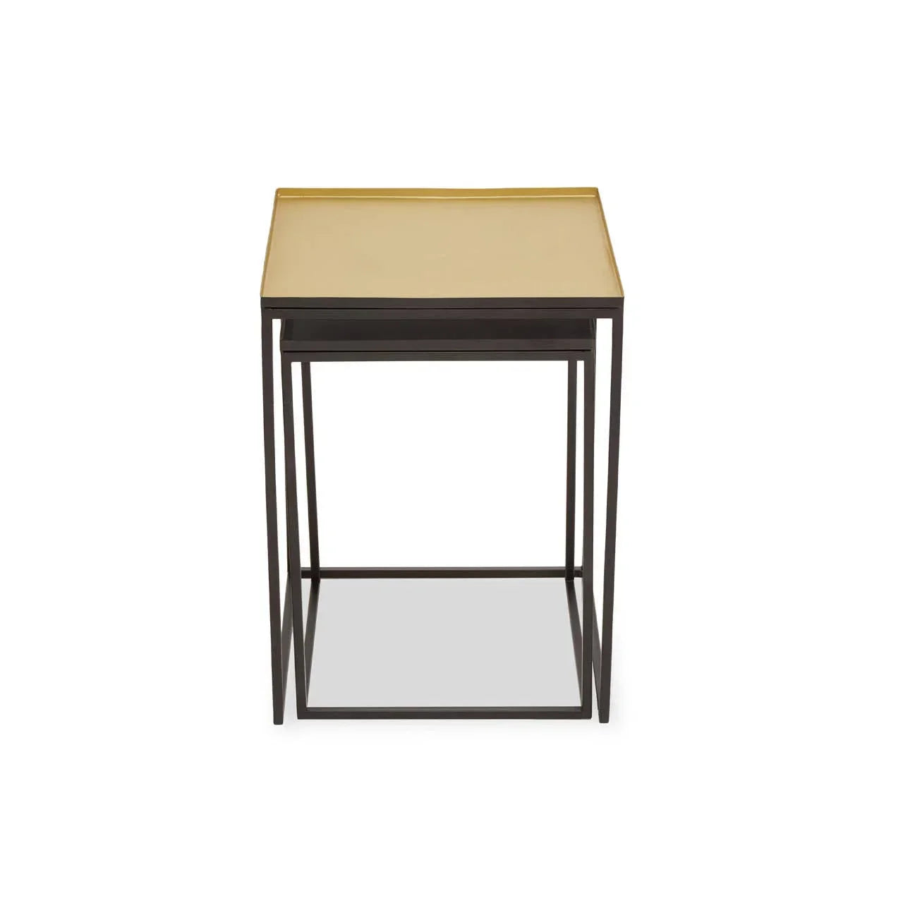Set of two metal nesting side tables with gold tops and black frames, front view