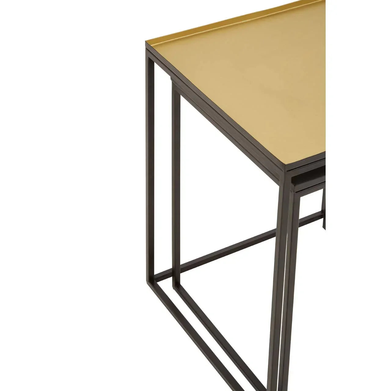 Gold metal nesting side table with slim black frame, corner close-up view