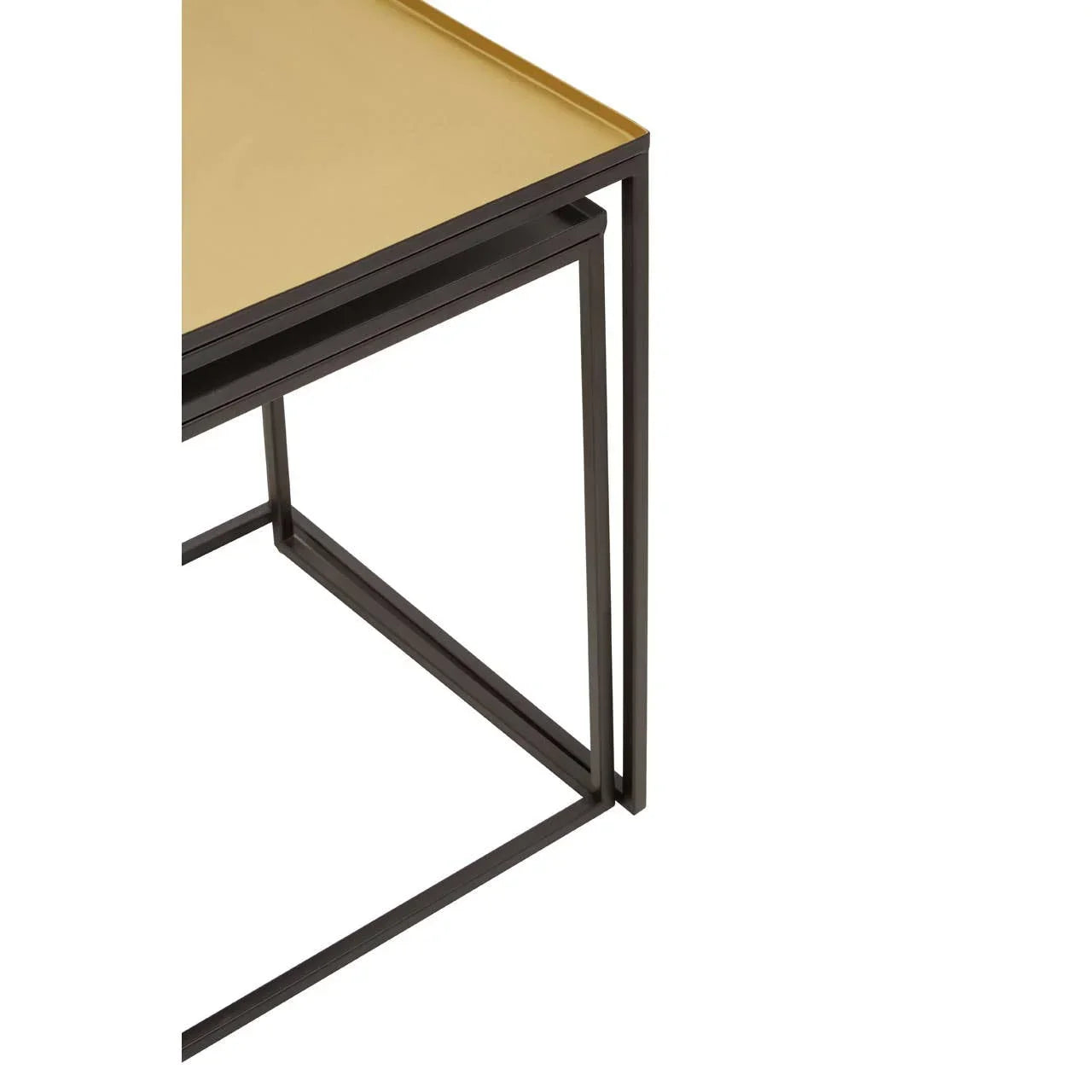 Gold metal side table with black frame, close-up of tabletop and legs