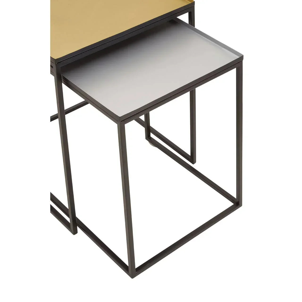 Set of two nesting tables with metal frames and contrasting gold and white tabletops