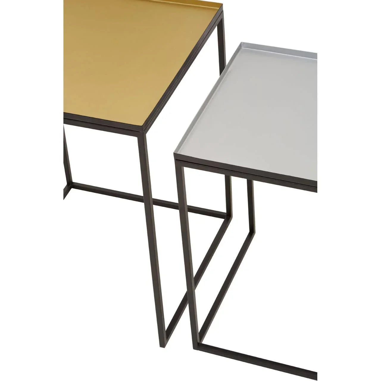 Set of modern square nesting tables with black metal frames and gold, silver tops