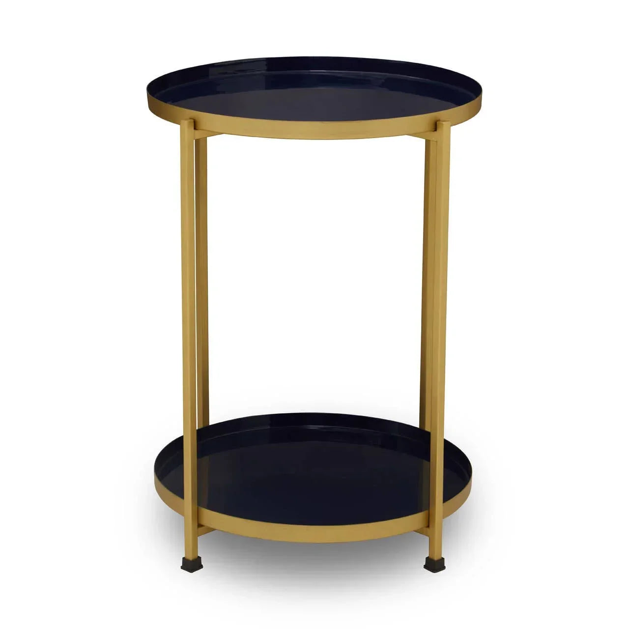 Round gold metal side table with navy blue trays and two tier shelves