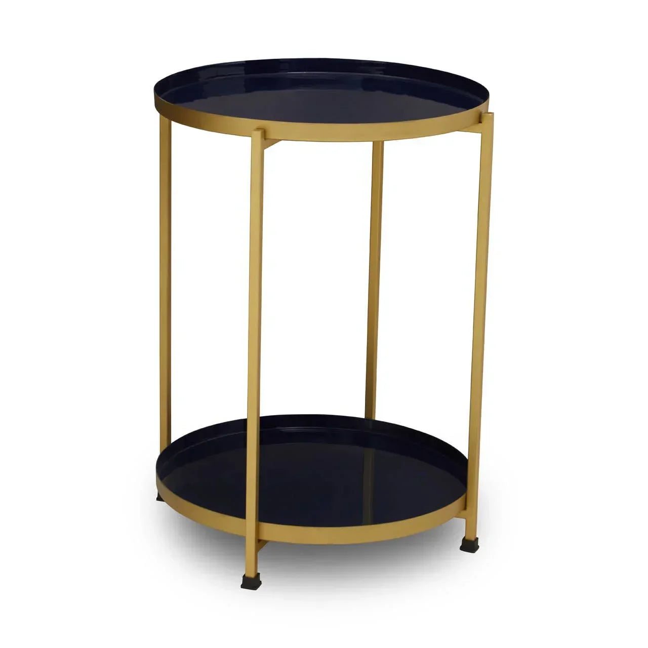 Gold metal side table with round navy trays and two-tier shelving