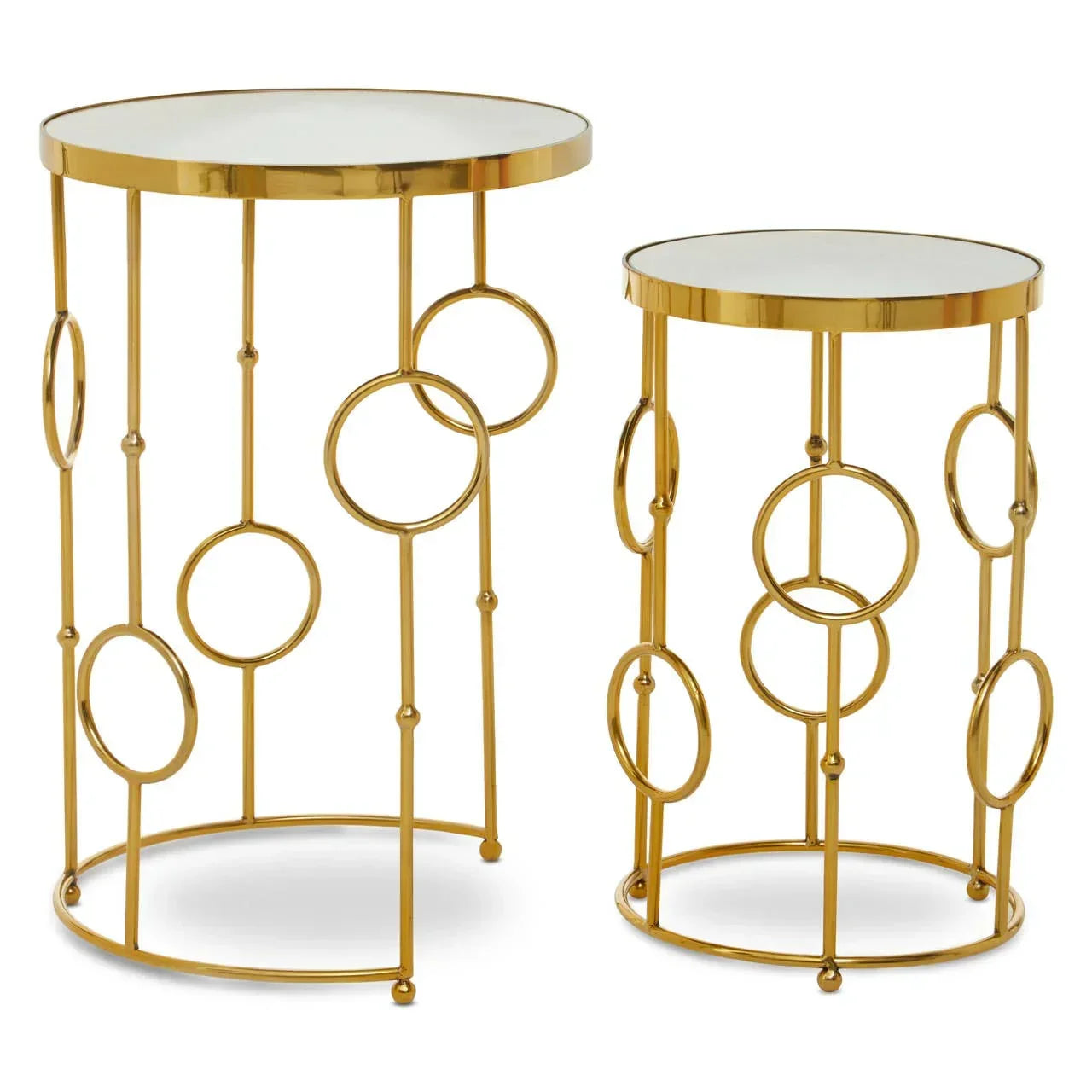 Set of two gold metal side tables with glass tops and circular frame design