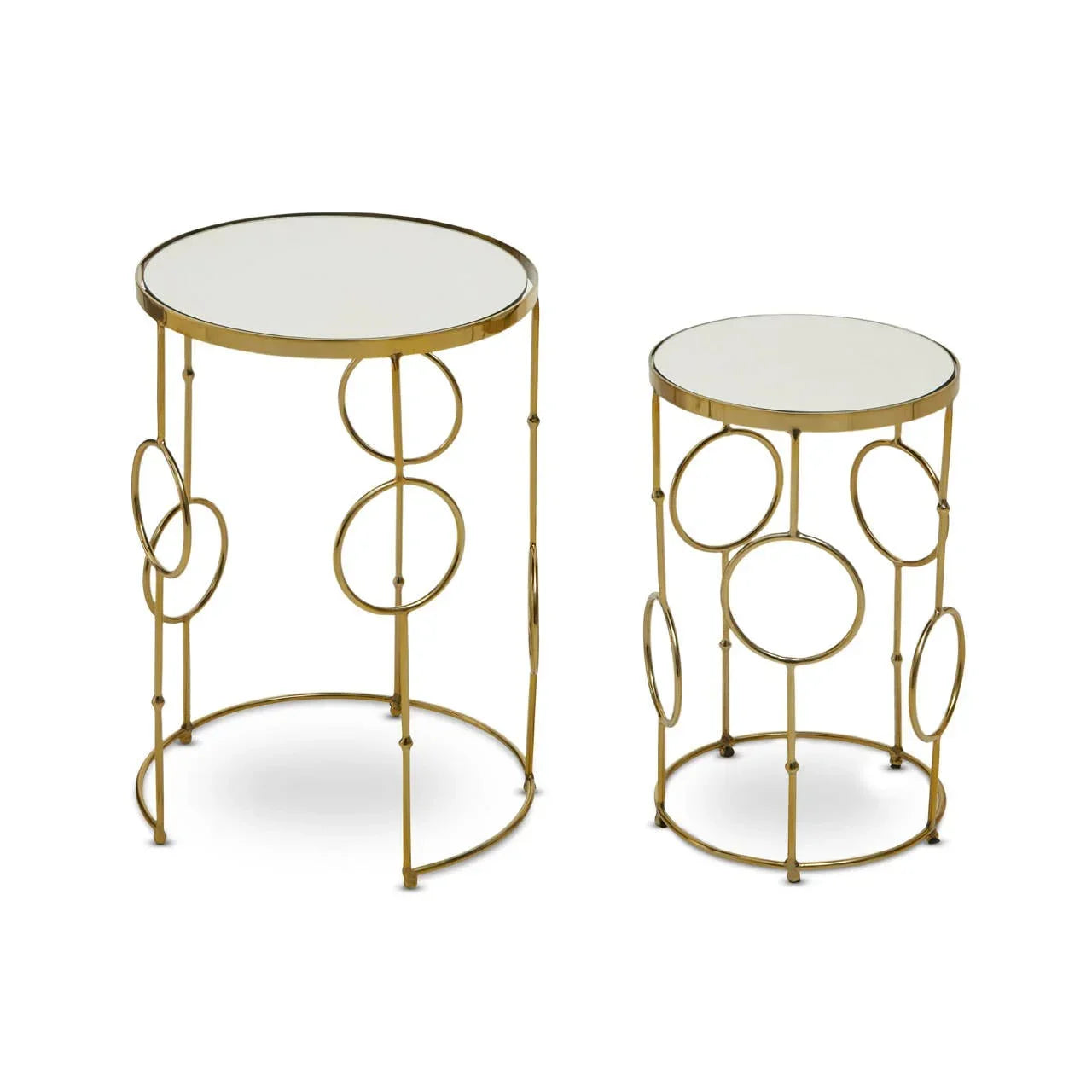 Set of two gold metal side tables with mirrored tops and circular frame design