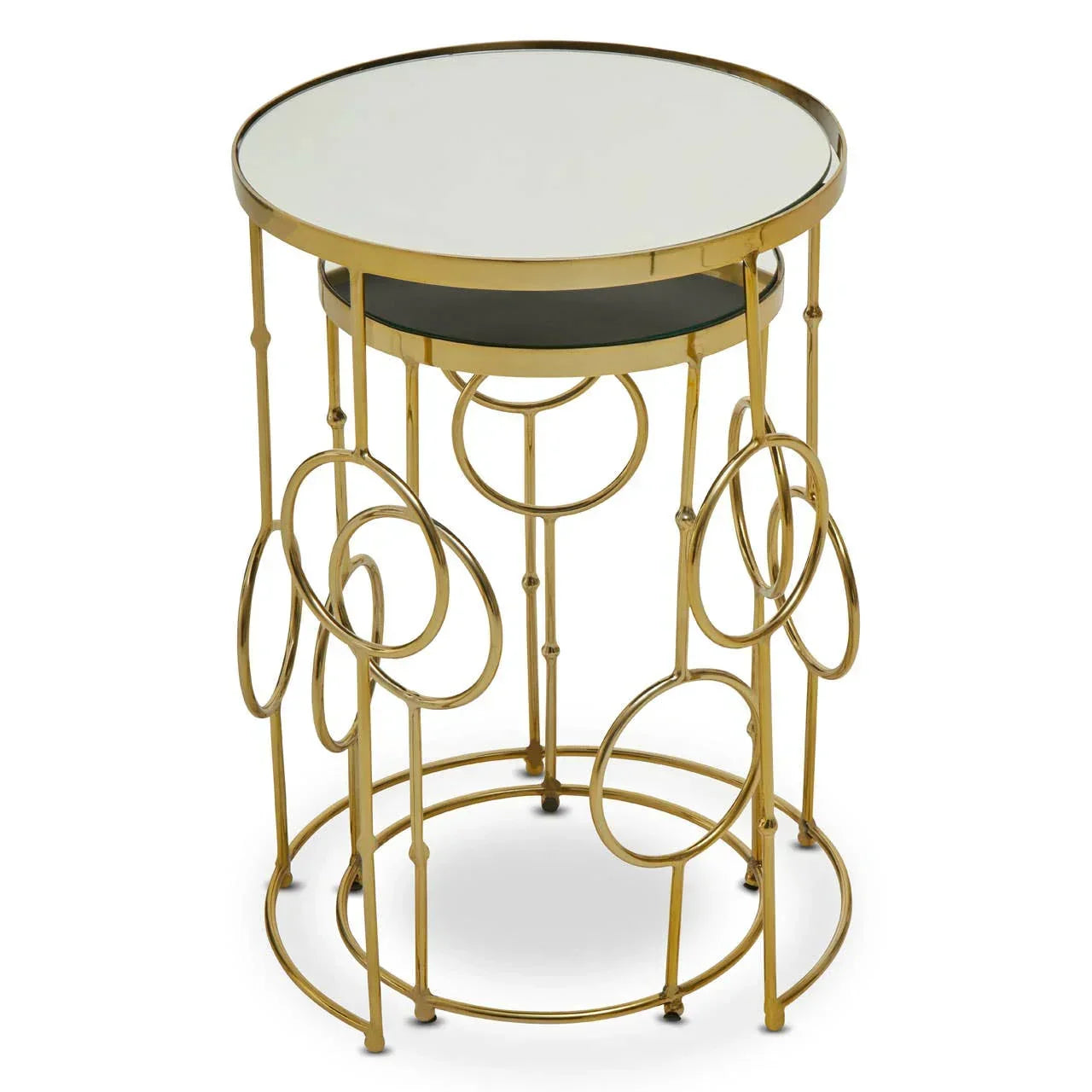 Gold metal side table with circular frame and mirrored top, contemporary accent furniture