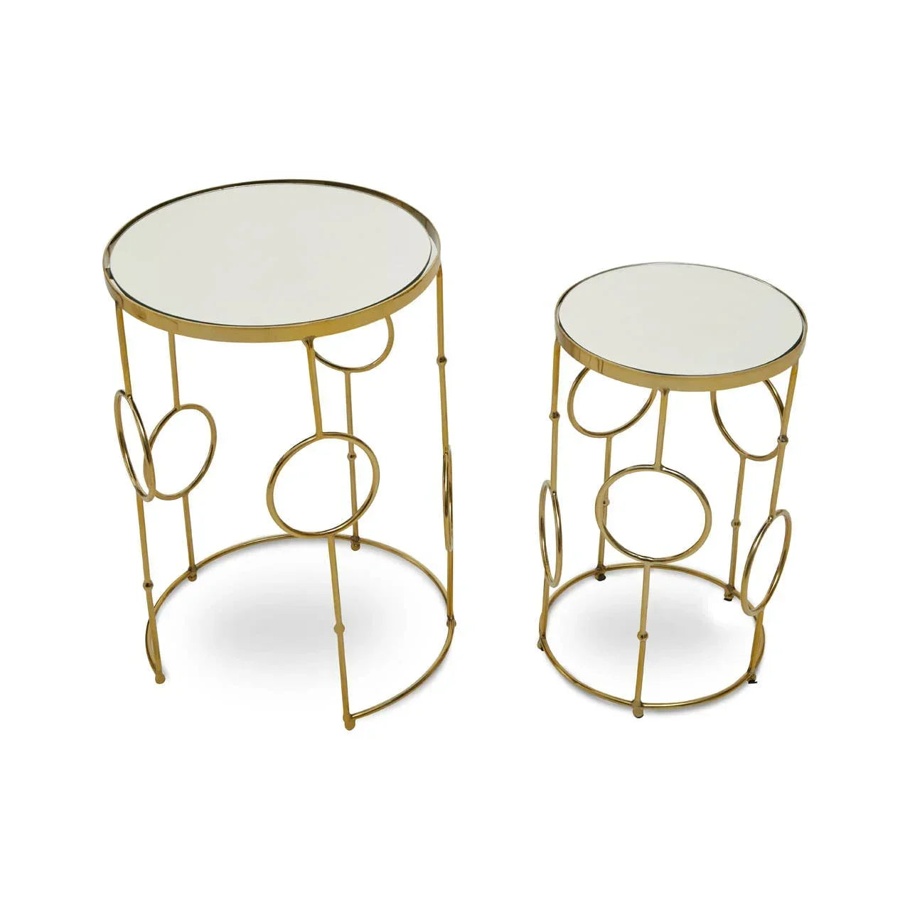 Gold metal nesting side tables with mirrored tops and circular frame design set of two