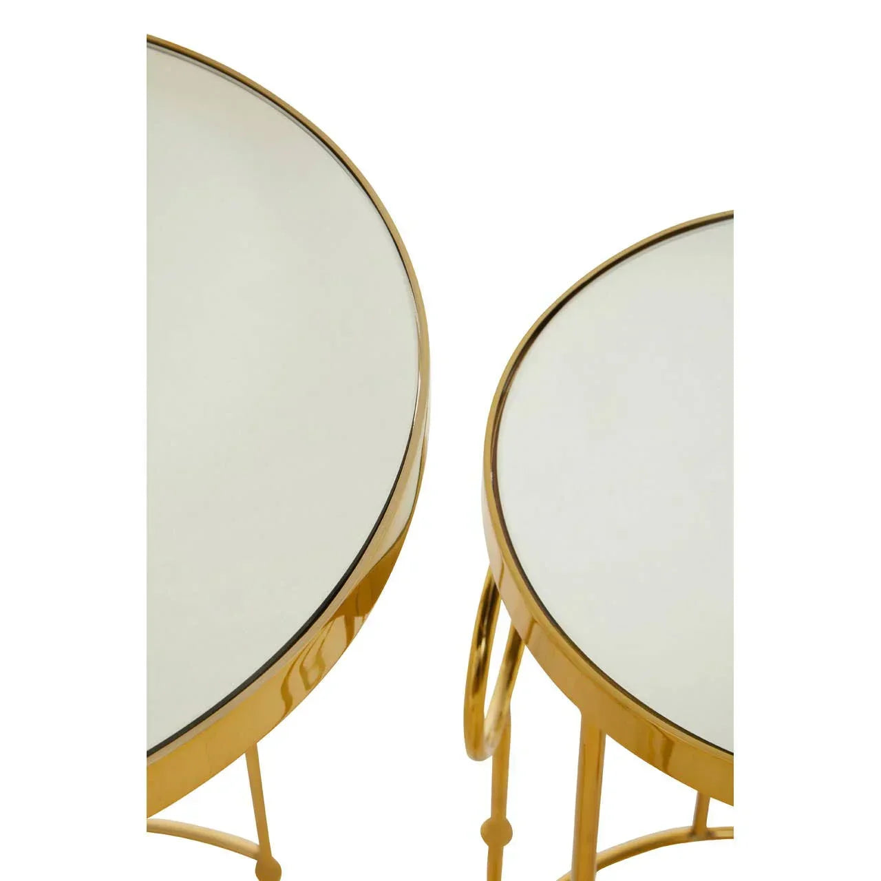 Round glass top side tables with gold metal frames, close view of table surfaces