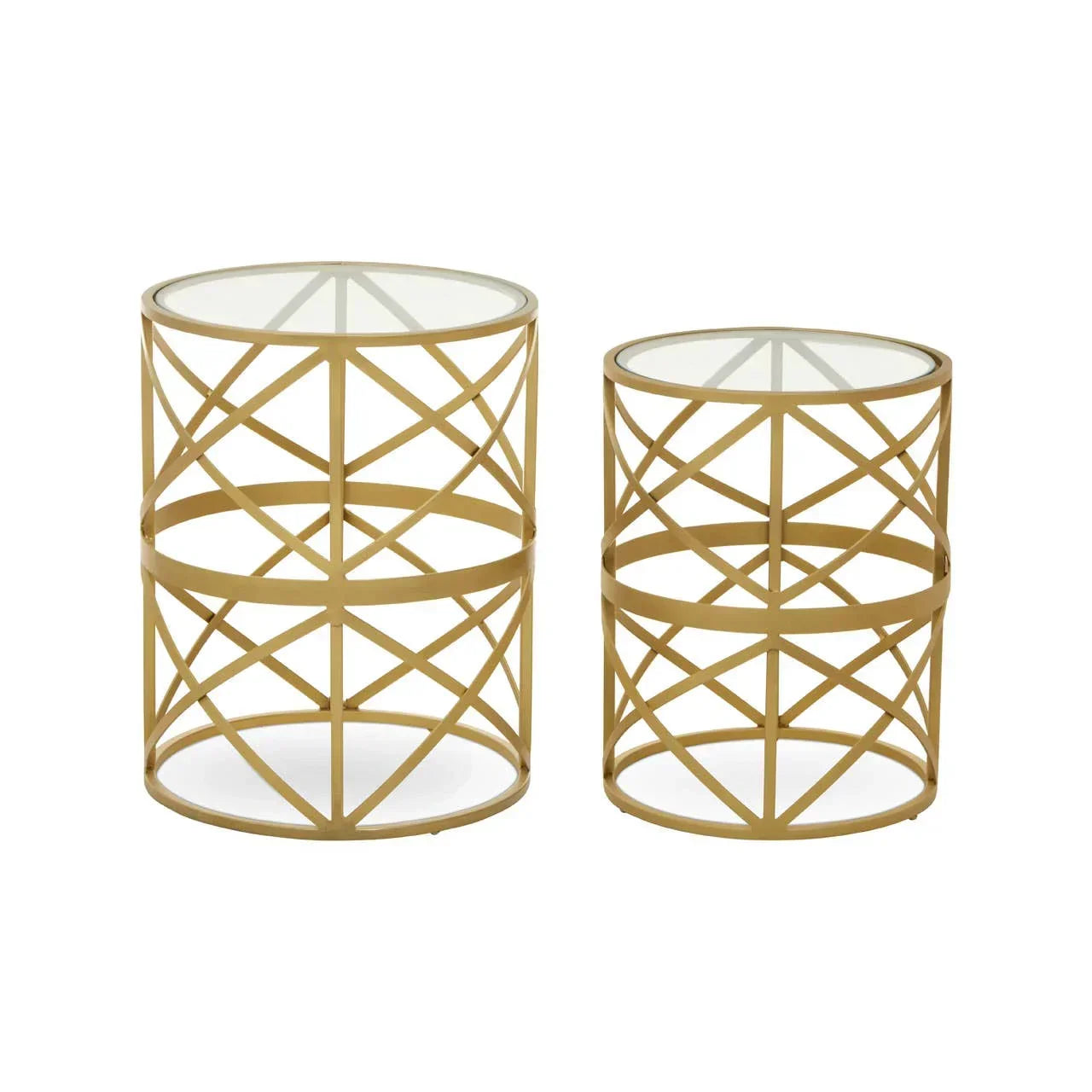 Set of two gold metal side tables with round glass tops and geometric frame design