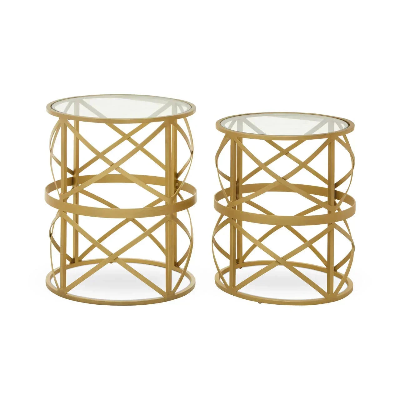 Pair of gold metal side tables with glass tops and crisscross frame design