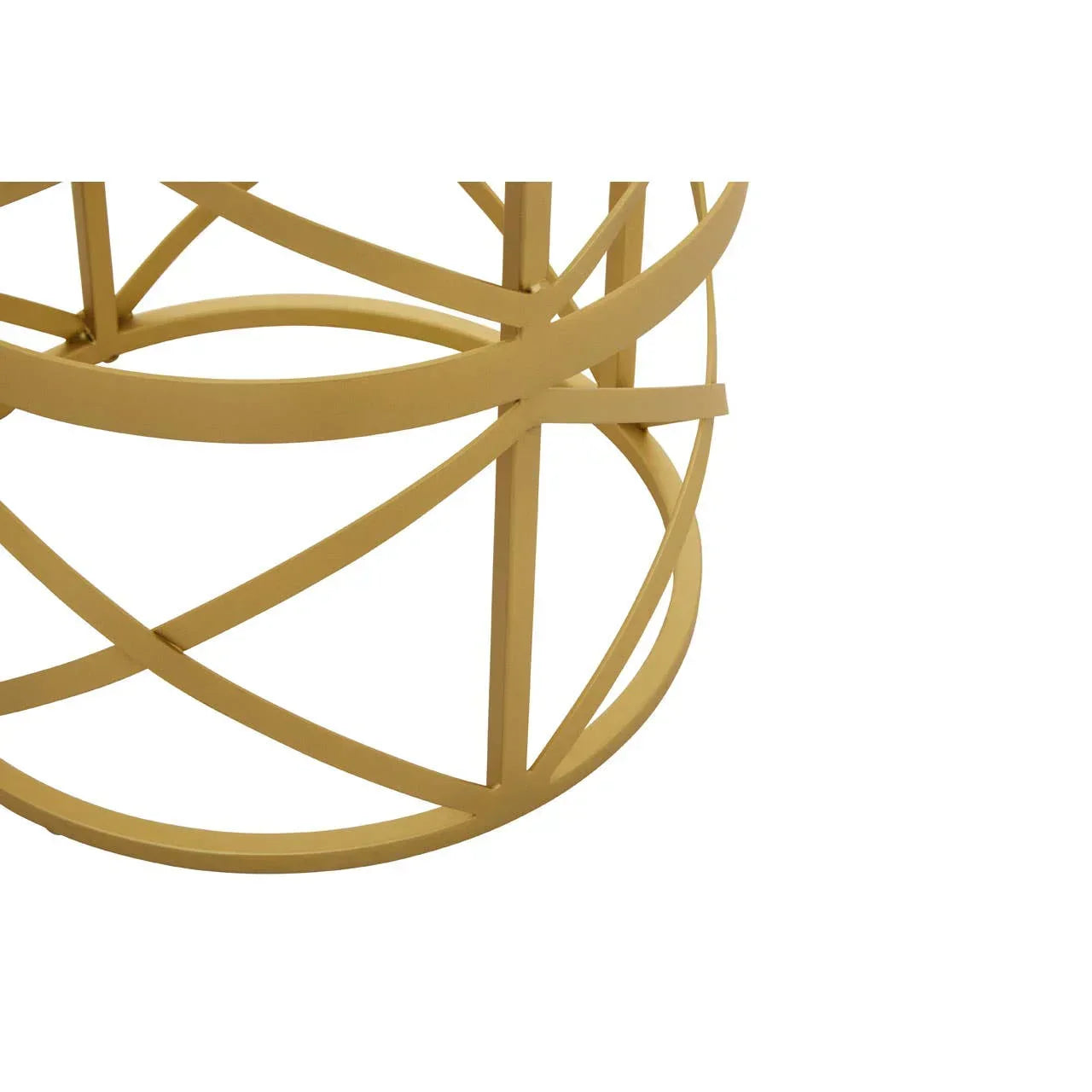 Close detail of gold metal coffee table base with intersecting geometric lines