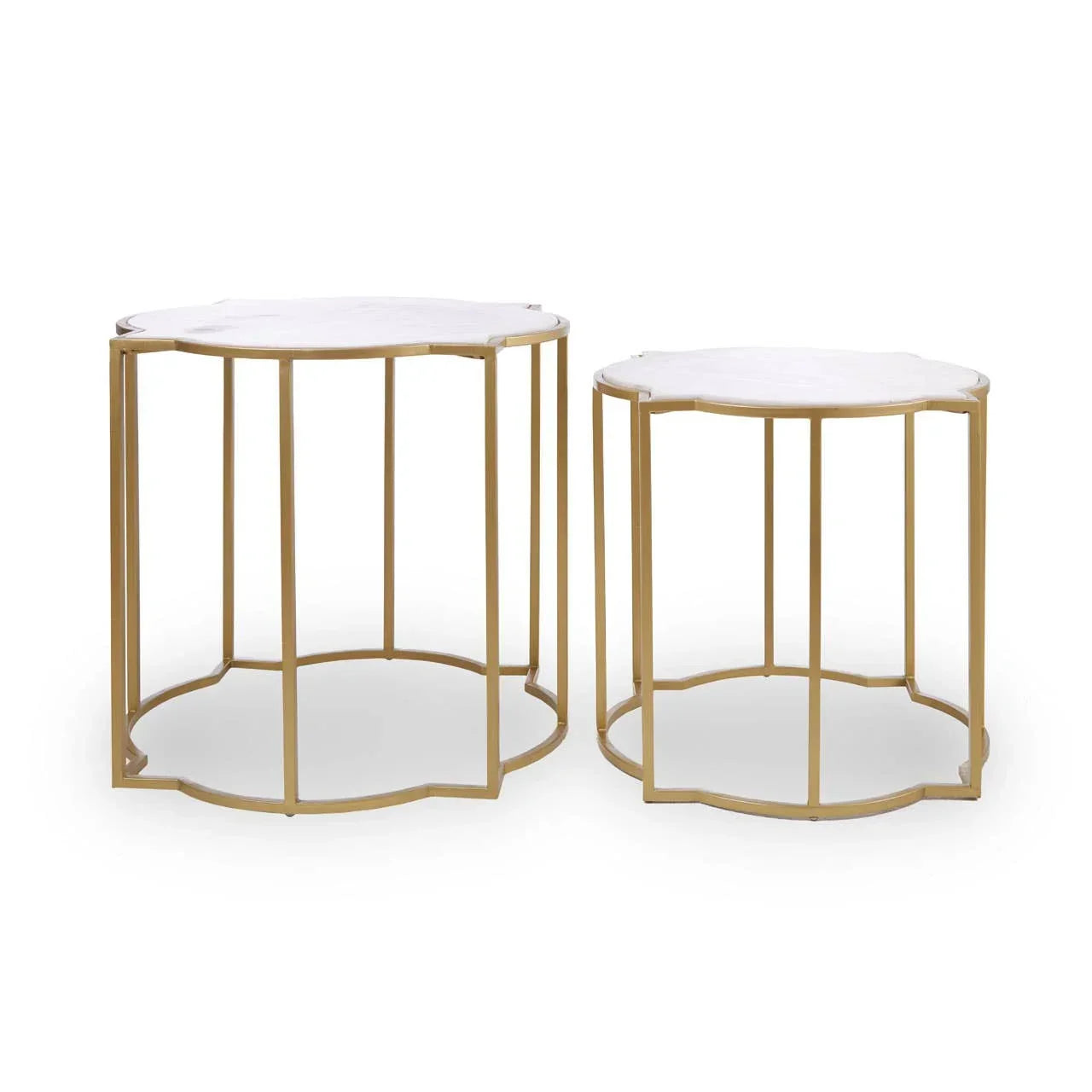 Set of two gold metal side tables with white marble tops, scalloped edge design