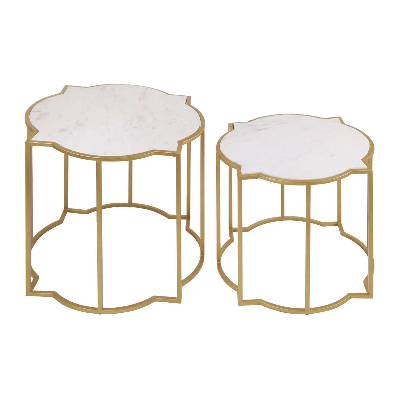 Pair of gold metal and white marble nesting side tables with scalloped edges