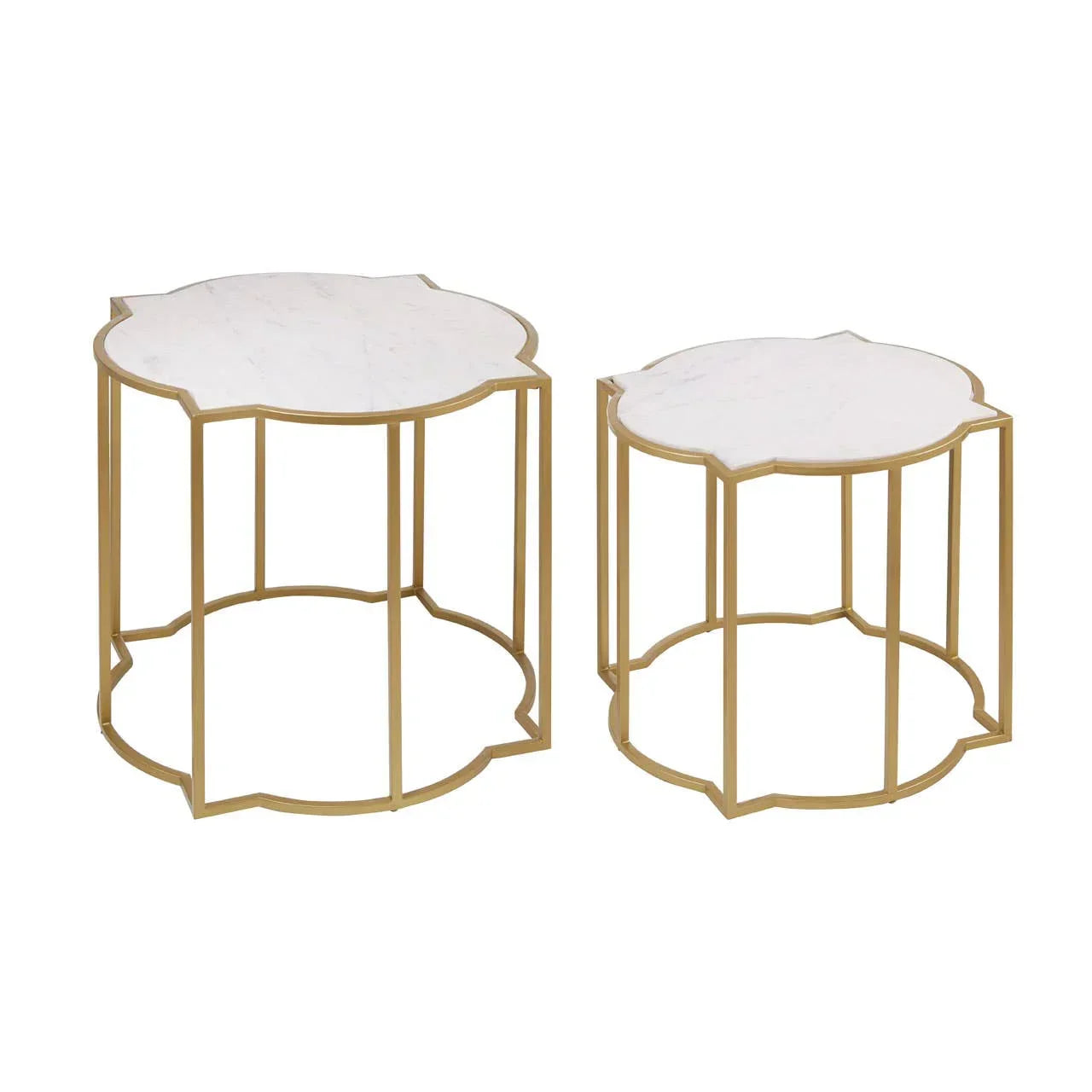 Set of two marble top side tables with gold metal frames, floral edge design