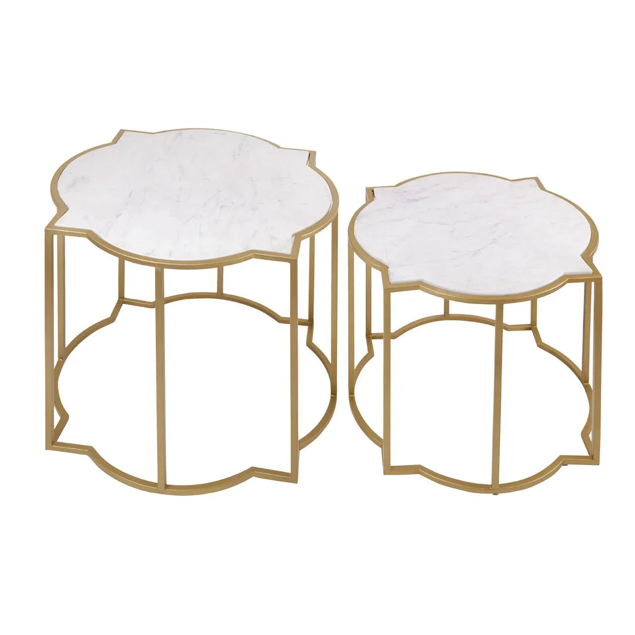 Set of two marble top nesting coffee tables with gold metal frames