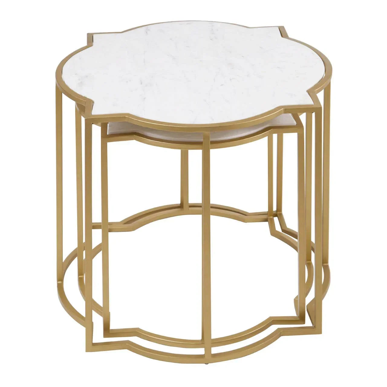 Gold frame nesting side tables with white marble tops and geometric base design